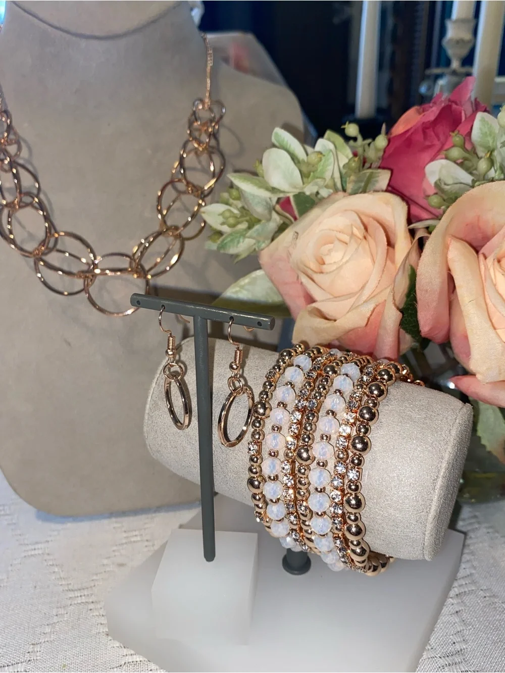 Rose Gold Necklace, Beaded Multi-Strand Bracelet & Hoop Earring Set